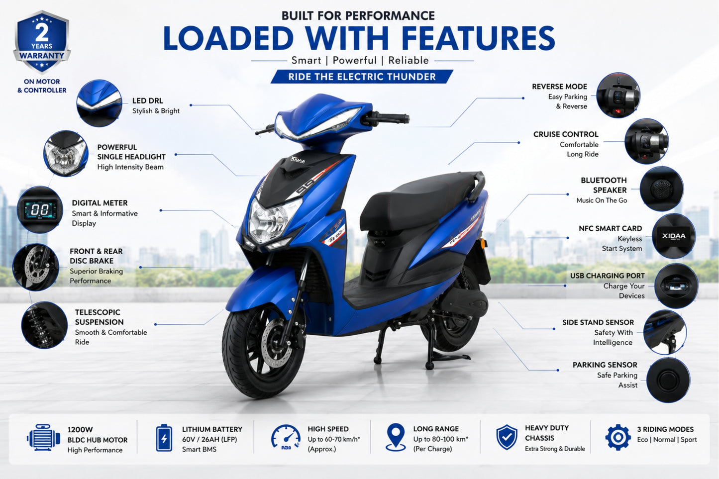 Xidaa X-Single Light Electric Scooter | 60V Lithium Battery | 170+ KM Range | ICAT Certified